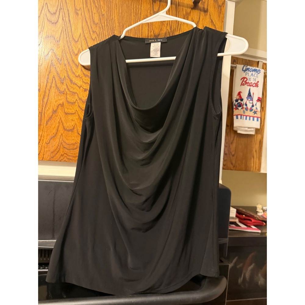 Jennie & Marlis Black Cowl Neck Sleeveless Top Stretch Blouse Large 07-3855